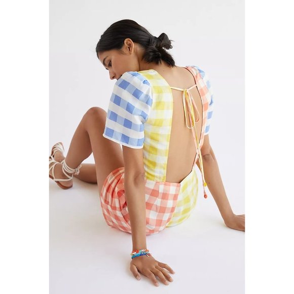Anthropologie Farm Rio Gingham Contrast Romper red, yellow, blue, white, size M - Picture 11 of 11